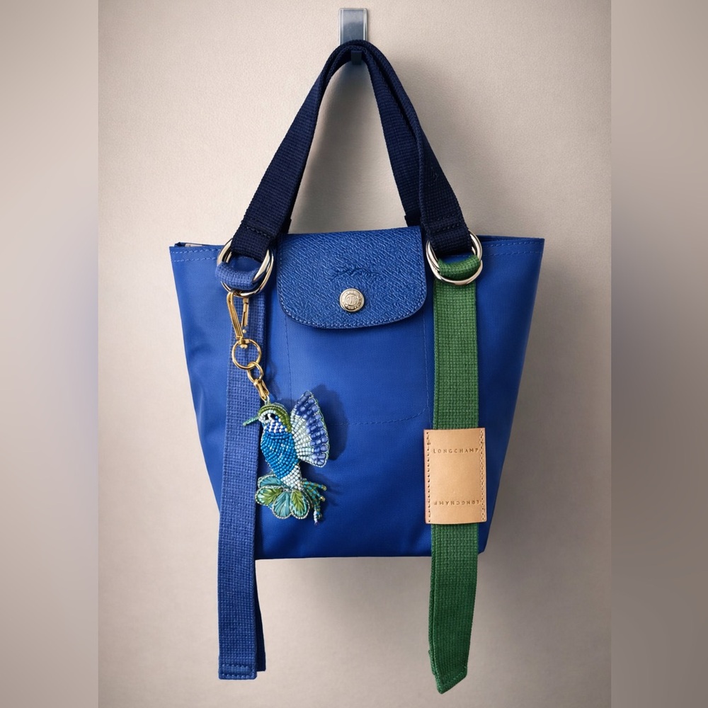 Longchamp Blue Mini Tote with Green Strap and Bird Charm